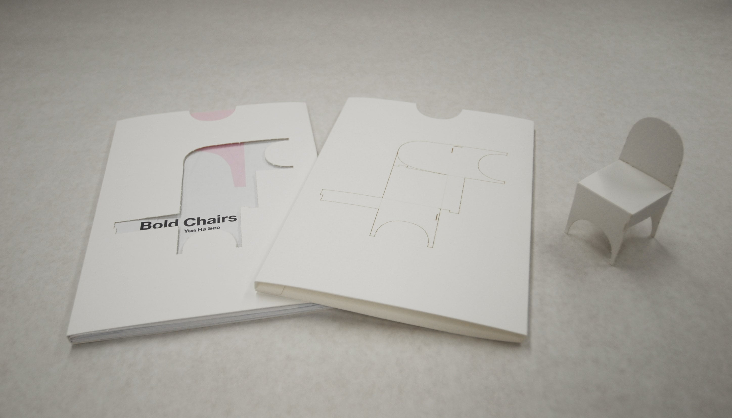 View of the booklet, cover sleeve, and folder chair.