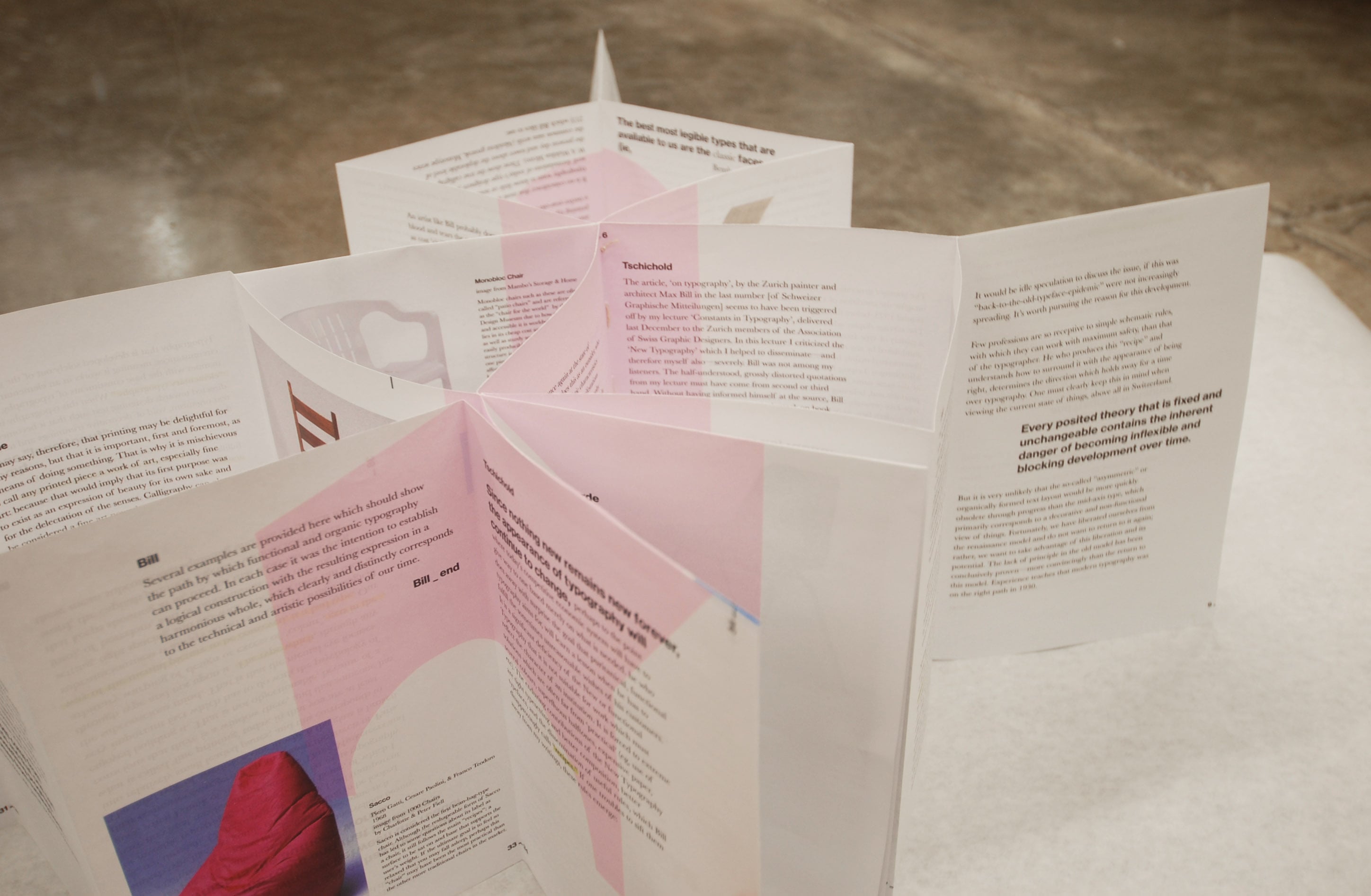 View of arranged booklet from above, showing the connection of shapes from the pages forming a silhouette of a chair.