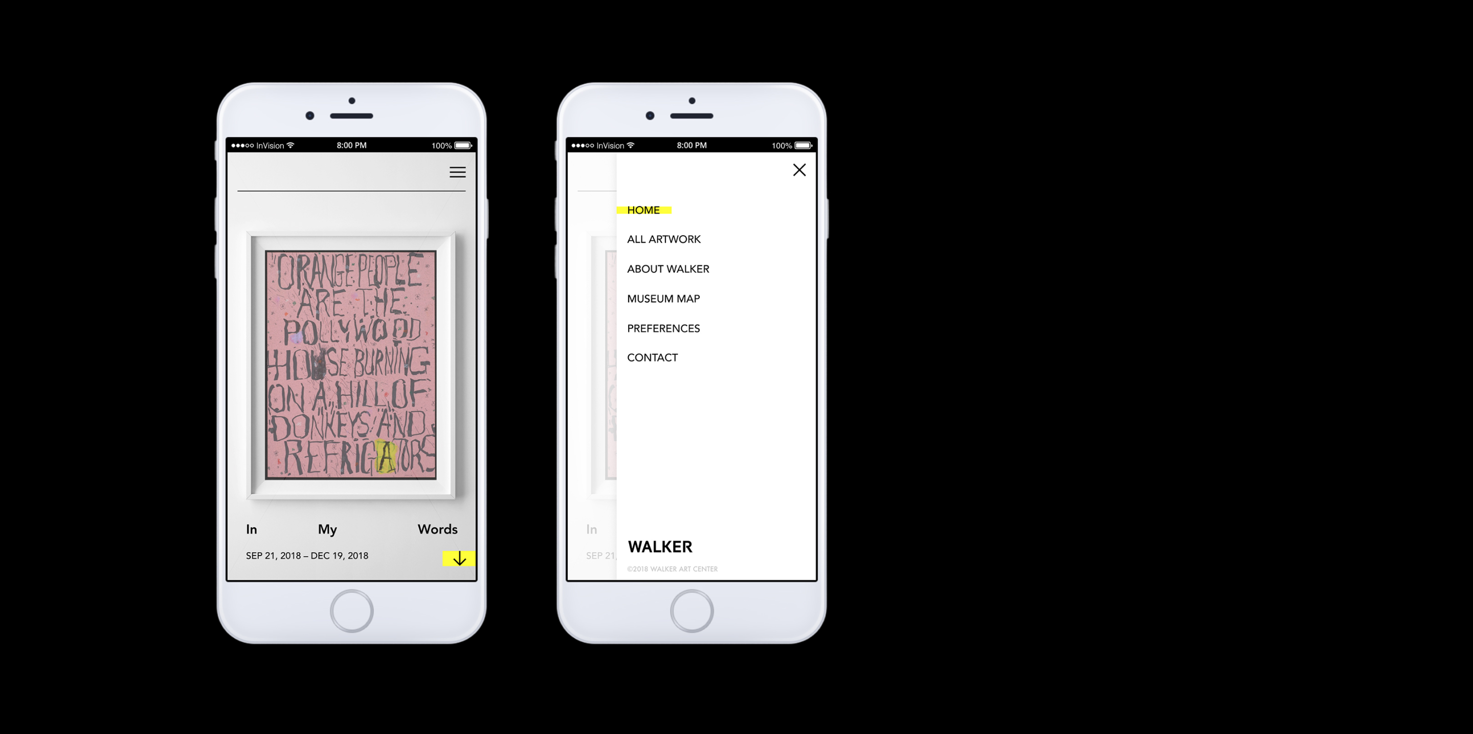 Side-by-side view of the home and menu screens