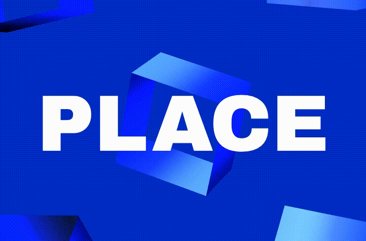 Open three dimensional squares rotating behind the word 'PLACE', reacting to the position of the cursor.